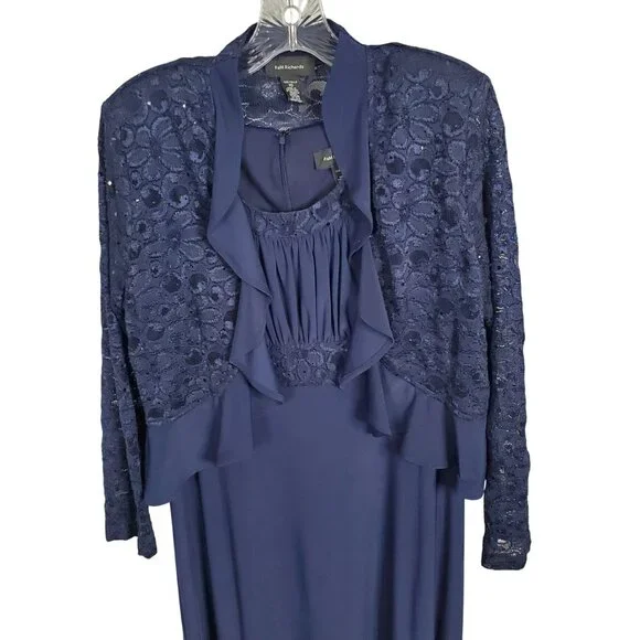 R&M Richards Size 10 Dress Jacket Set Event Formal Floral Lace Sequin Navy NWT - Picture 4 of 16